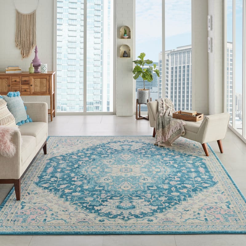 Nourison Tranquil Persian Vintage Oushak Area Rug - 8' x 10' - Ivory/Turquoise - Runner/Rectangle
