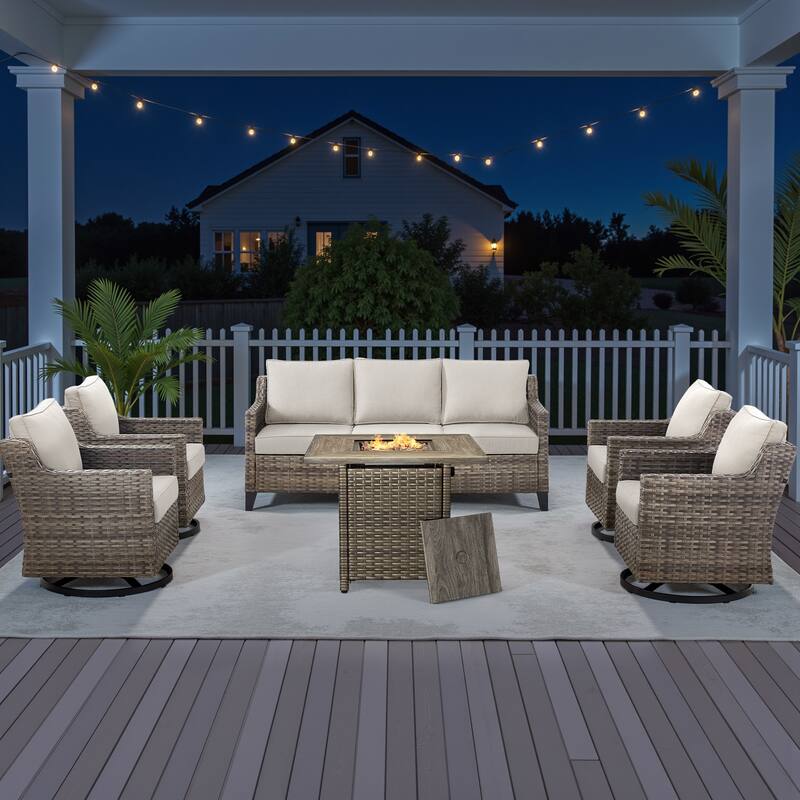 Pocassy 6-Piece Fire Pit Table w/ Sofa Swivel Chair - Beige Cushion Gray Wicker. - 6-Piece Fire Pit Table w/ Sofa Swivel Chair