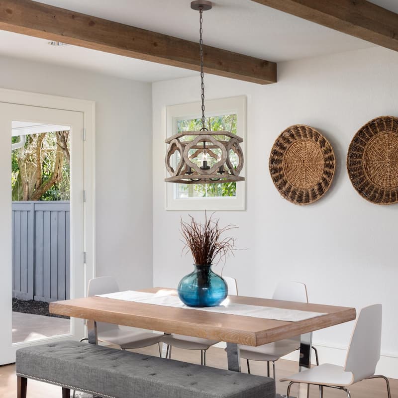 Clovy Modern Farmhouse 4-Light Wood Drum Lantern Chandelier for Dining Room - D 18" x H 12.5"
