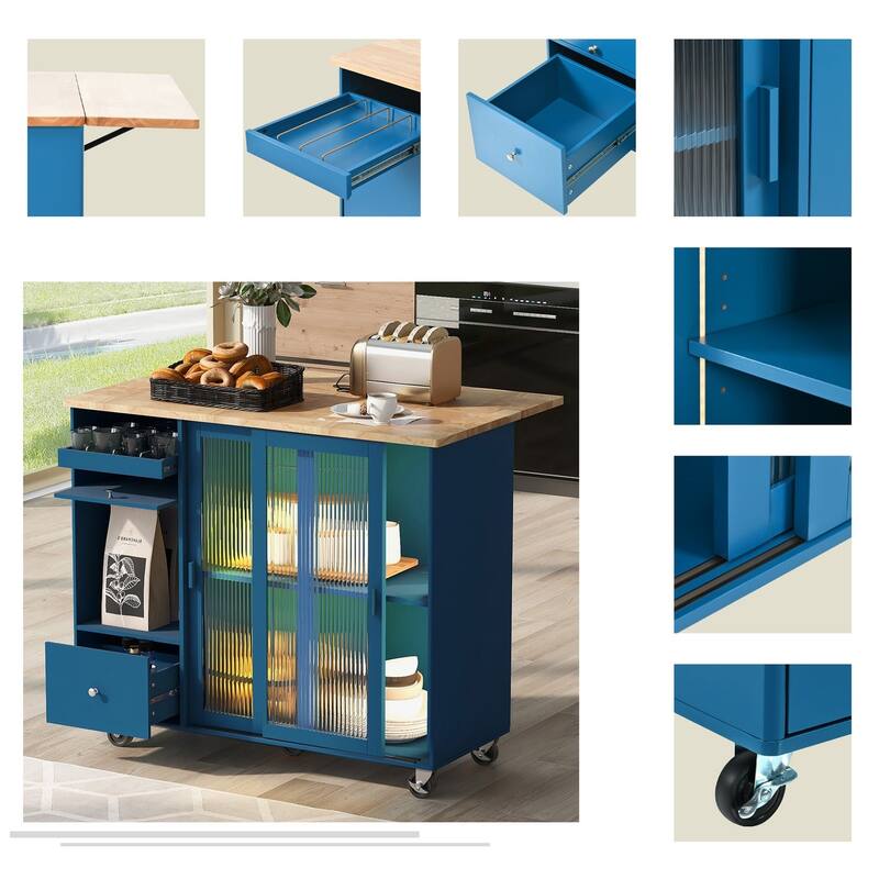 Rubberwood Kitchen Cart with Drop Leaf, Internal Storage Rack, Flip Cabinet Door, and 2 Drawers