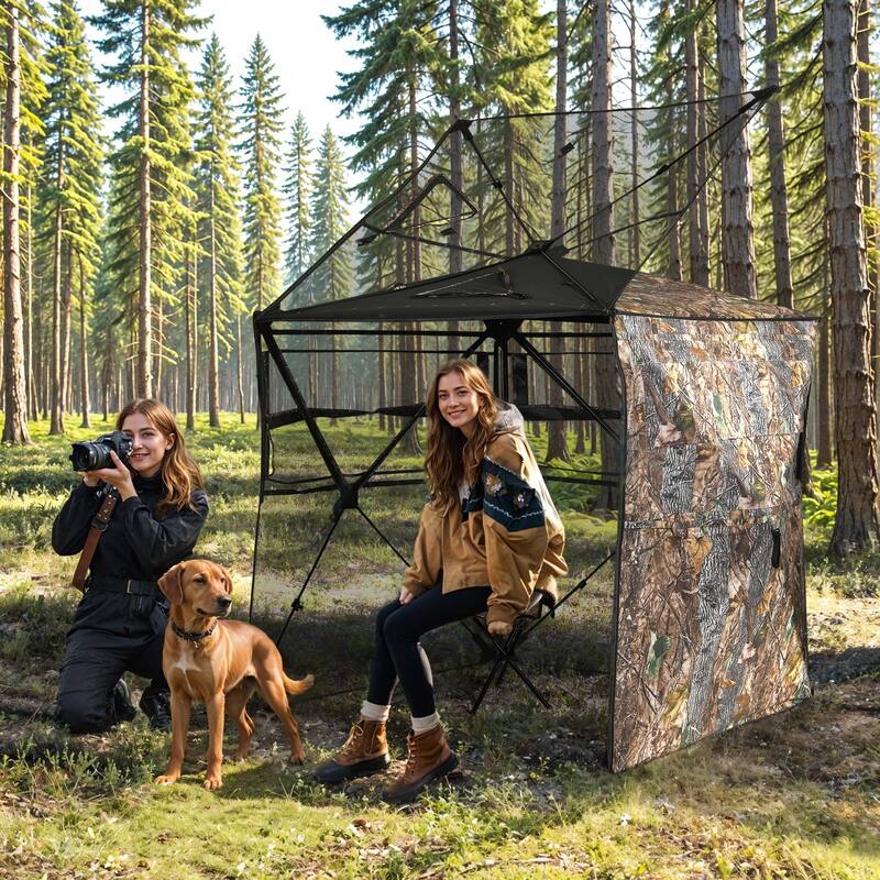 Moasis Hunting Blind 2-3 Person with Hunting Stool, 360 Degree See Through Pop up Ground Blinds for Hunting