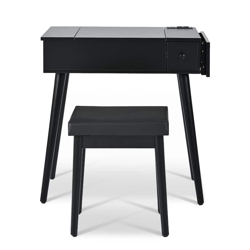 27.9''Makeup Vanity Desk With Flip Top Mirror And Led Light,Dressing Table With Charging Station,2 Drawers,With Cushioned Stool