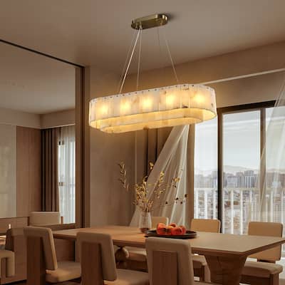 KAYLA 54in 14-Light White Alabaster Adjustable Chandelier
