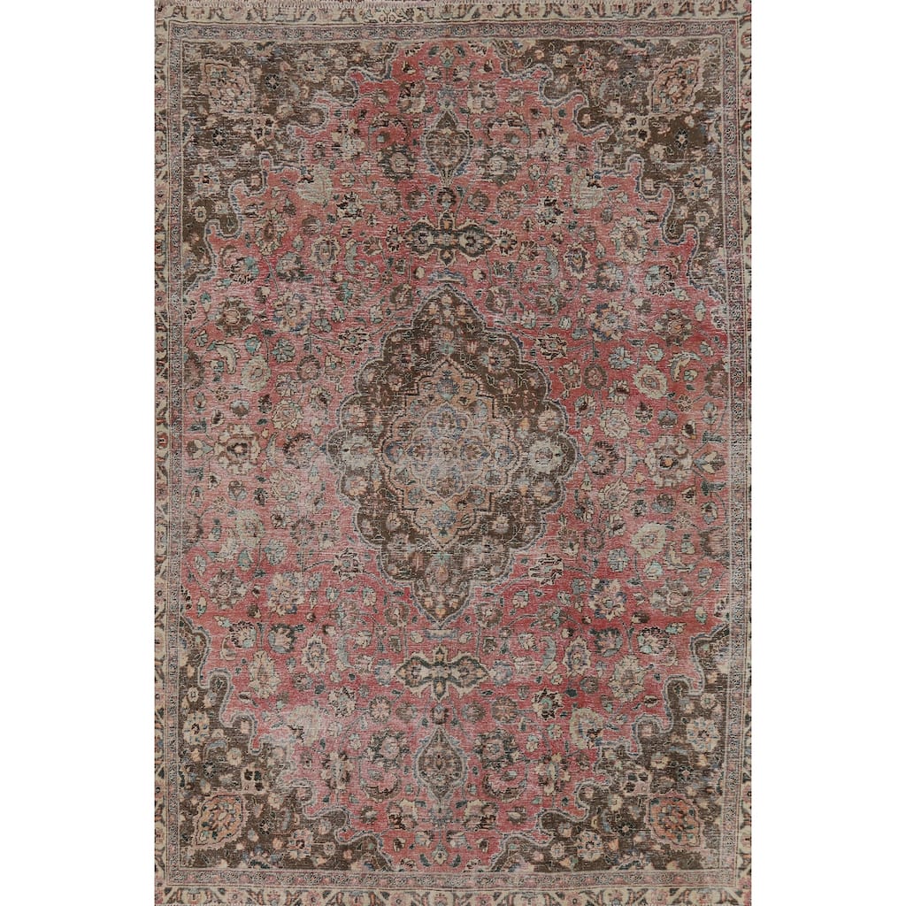 Distressed Floral Mashad Persian Vintage Area Rug Handmade Wool Carpet - 7'3"x 10'1"