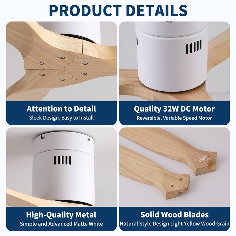 52"Mordern Rustic Elegance Solid Wood Blades Low Profile Flush Mount Ceiling Fan without Light