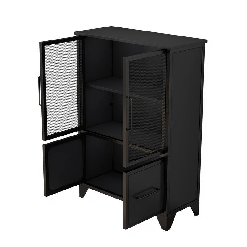 Storage Cabinet With 4 Iron Doors,Black Metal Handle,Sideboard With Adjustable Shelf,Black Sturdy Metal Frame and Metal Legs