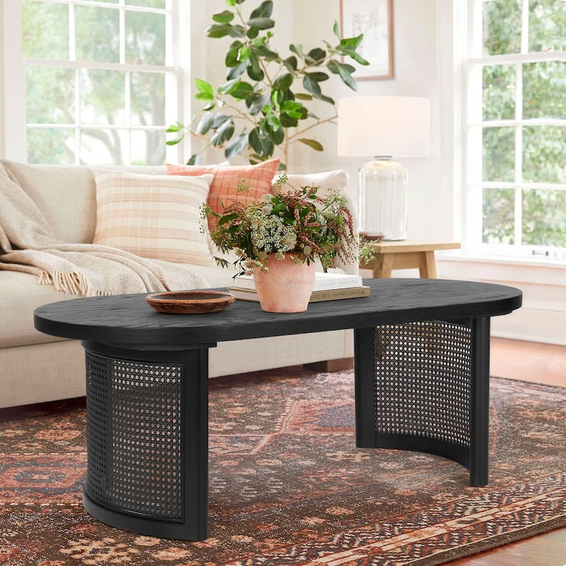 48" Oval Solid Oak Rattan Coffee Table