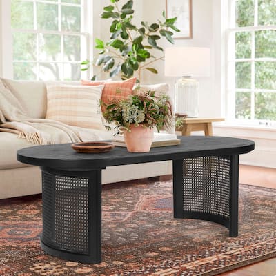 48" Oval Solid Oak Rattan Coffee Table