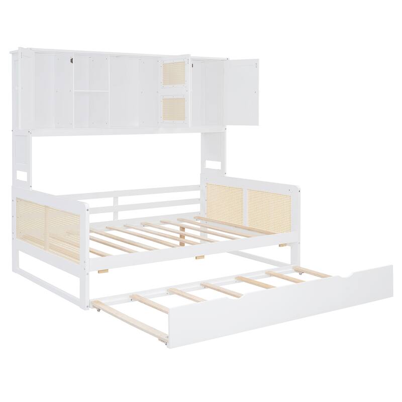 Wood Full Size Daybed with Built-In Storage Cabinet, Shelves & Twin Trundle, Rattan Accent, No Box Spring Needed