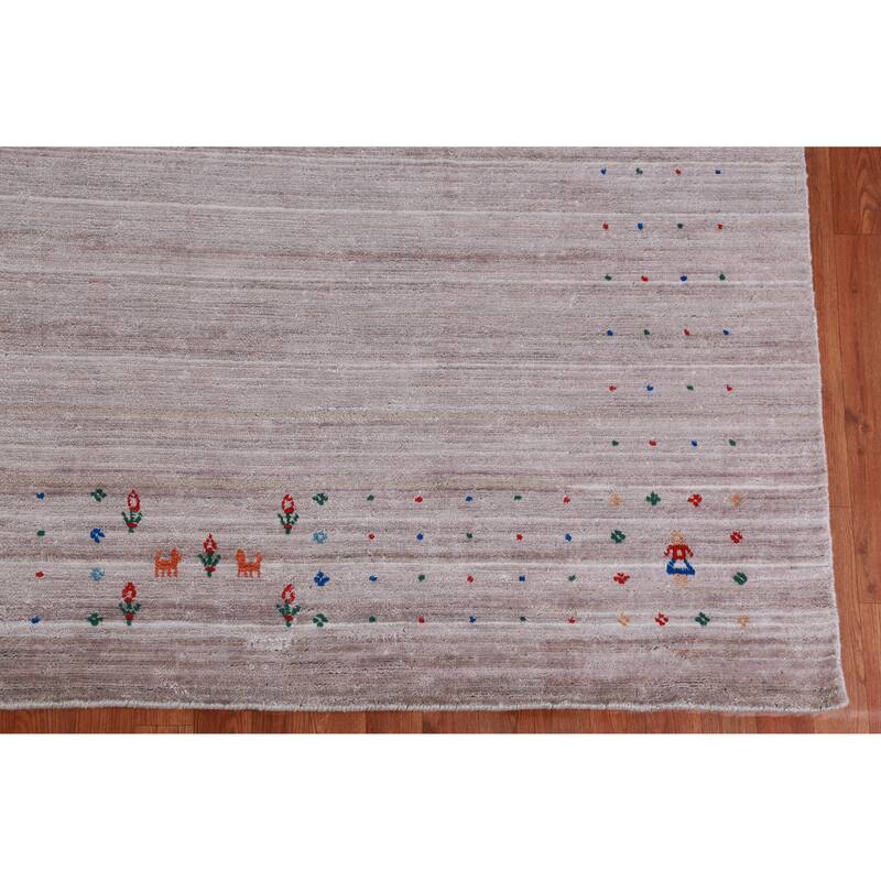 Hand Knotted Oriental Viscose Silk Carpet Tribal Stripe Greys & Charcoal Gabbeh Area Rug - 12' 5'' X 9' 3''