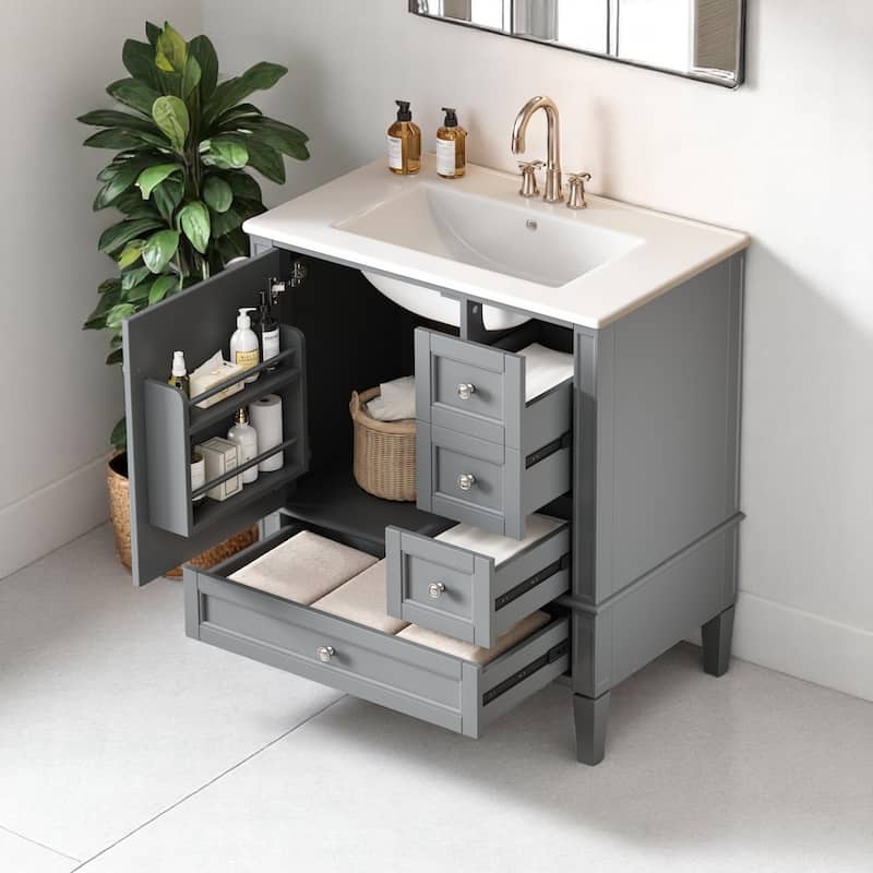 30 Inch Bathroom Vanity with Sink, Solid Wood and MDF Cabinet with 3 Drawers, Porcelain Countertop, Modern Style