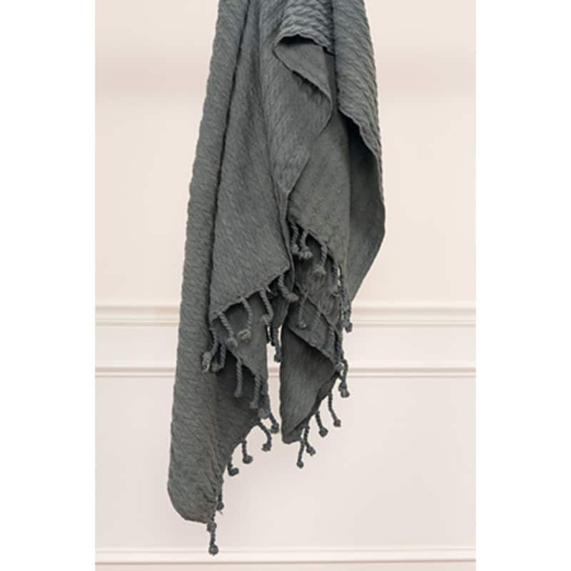 HomeRoots 50" X 60" Gray Cotton Knitted Striped Throw Blanket with Tassels