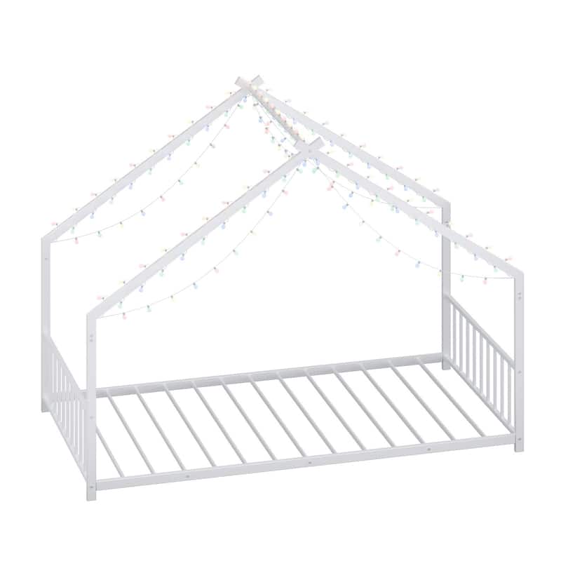 House-shaped Bed Frame, Toddler Kid Iron Floor Bed with House Roof Frame and LED Light Strips, House Daybed