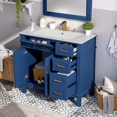 36" Blue Modern Bathroom Vanity with Ceramic Sink, Soft Close Doors, 4 Drawers for Storage, Elegant Design for Small Bathrooms