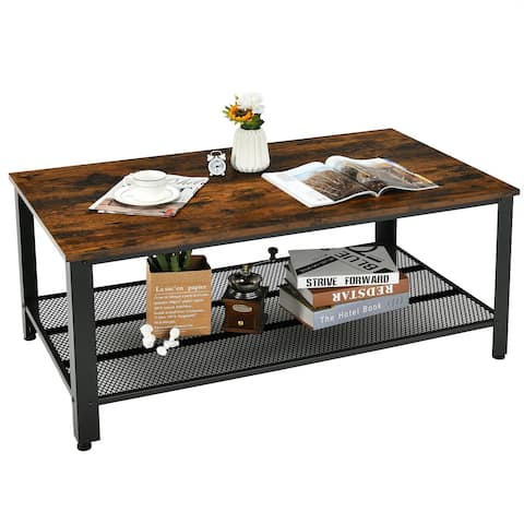Gymax Coffee Table Console Table with Storage Shelf and Metal Frame - 42'' x 23.5'' x 18''