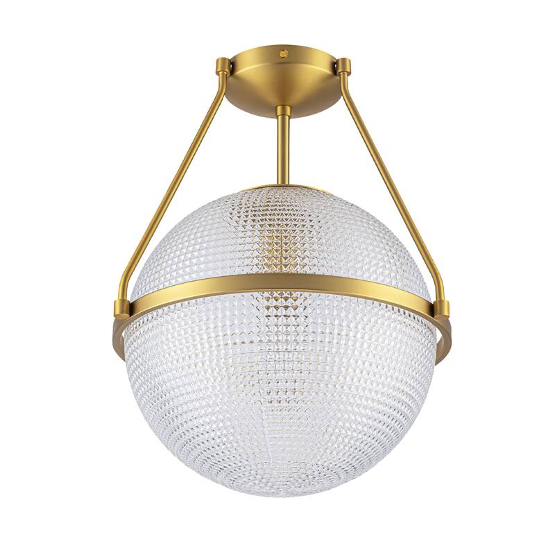 1-Light 14.17" Black/Gold Modern Textured Grid Glass Globe Semi-Flush Mount Light