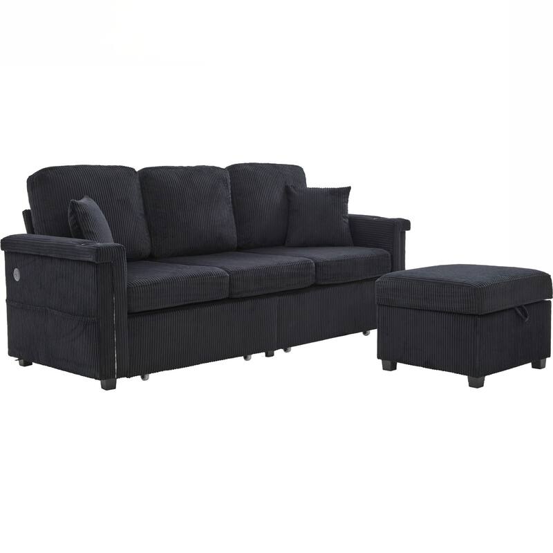 L-Shaped Sectional Sofa with Pull-Out Storage,Ottoman & Pillows 3-Seat with USB Charging,Cup Holder, Convertible Design