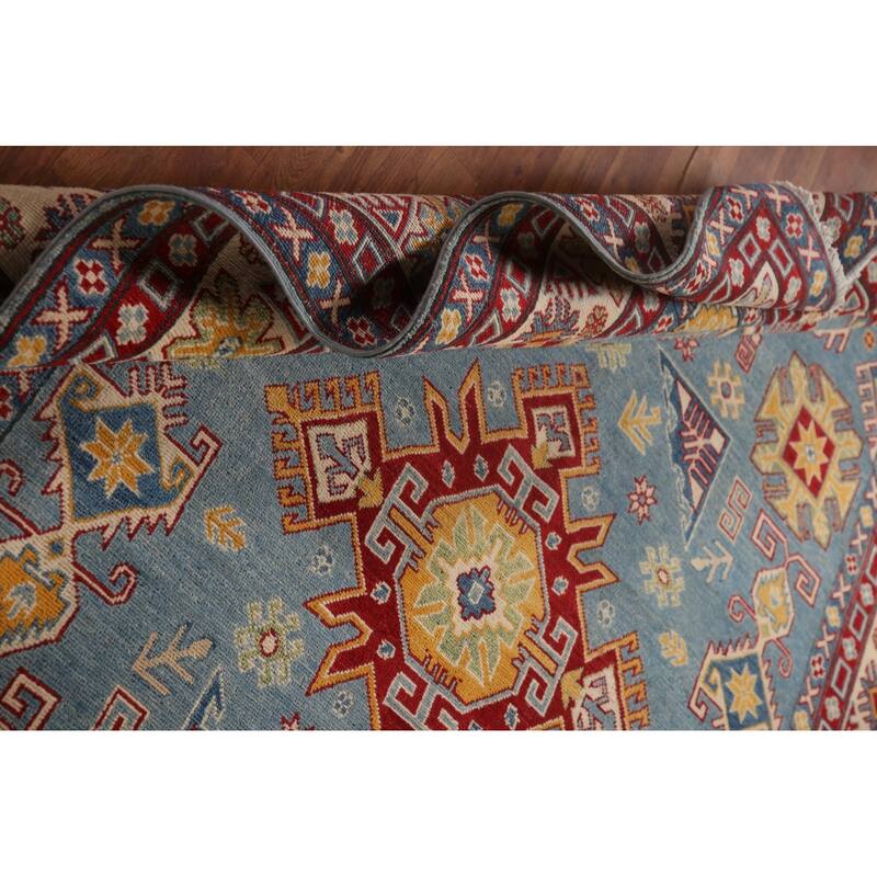 Light Blue Kazak Geometric Area Rug Wool Carpet - 6'7" x 9'10"