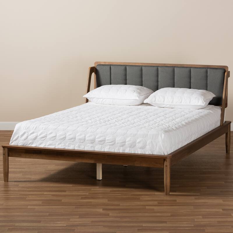 Mid-Century Modern Platform Bed - Dark Grey Fabric & Walnut Finish - Homestock