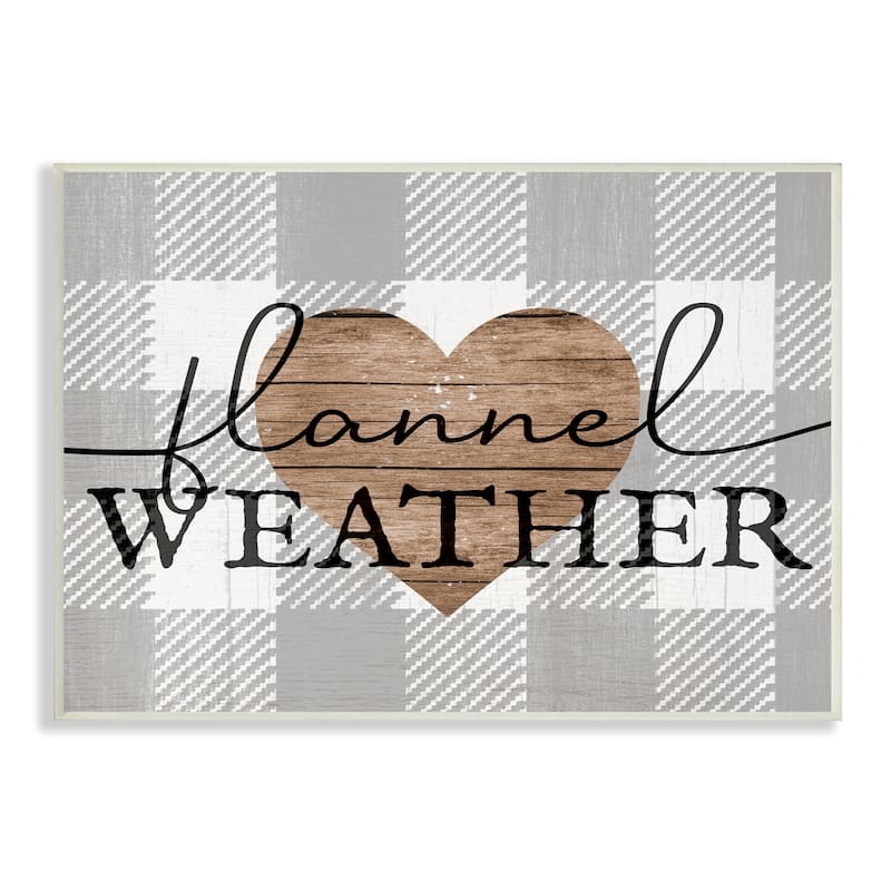 Stupell Flannel Weather Phrase Grain Pattern Heart Checkered Plaid Wood Wall Art - Grey - 19 x 13