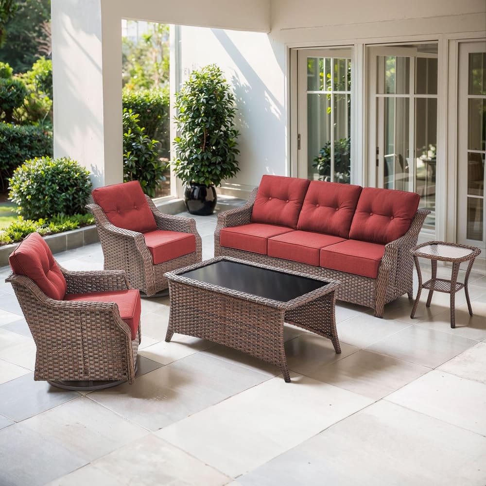 Meyreso Patio Brown Wicker Sofa Conversation Set with 6-Inch Thick Cushions