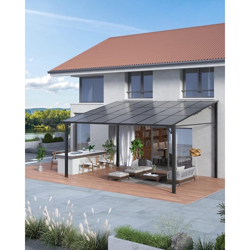 12x14 FT Wall Mounted Lean to Hardtop Gazebo Pergola for Porch, Decks, Backyard - 12X14 Ft - Grey