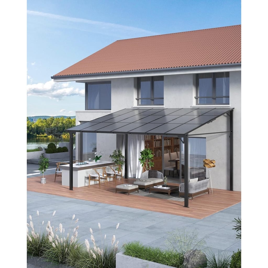 12x14 FT Wall Mounted Lean to Hardtop Gazebo Pergola for Porch, Decks, Backyard - 12X14 Ft