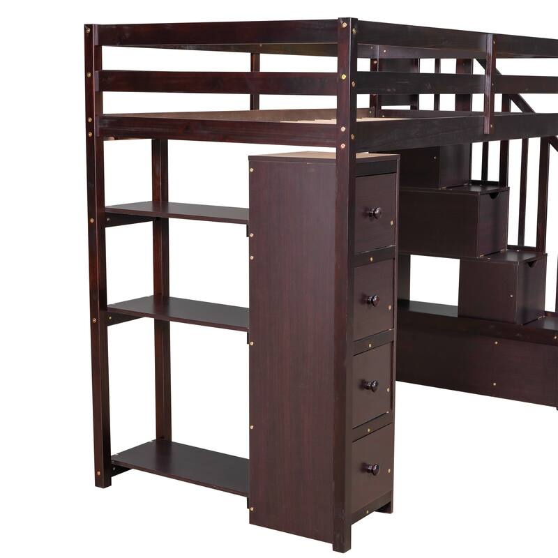 Twin Size Wooden Loft Bed with Storage Drawers, Shelves, and Stairs - Espresso