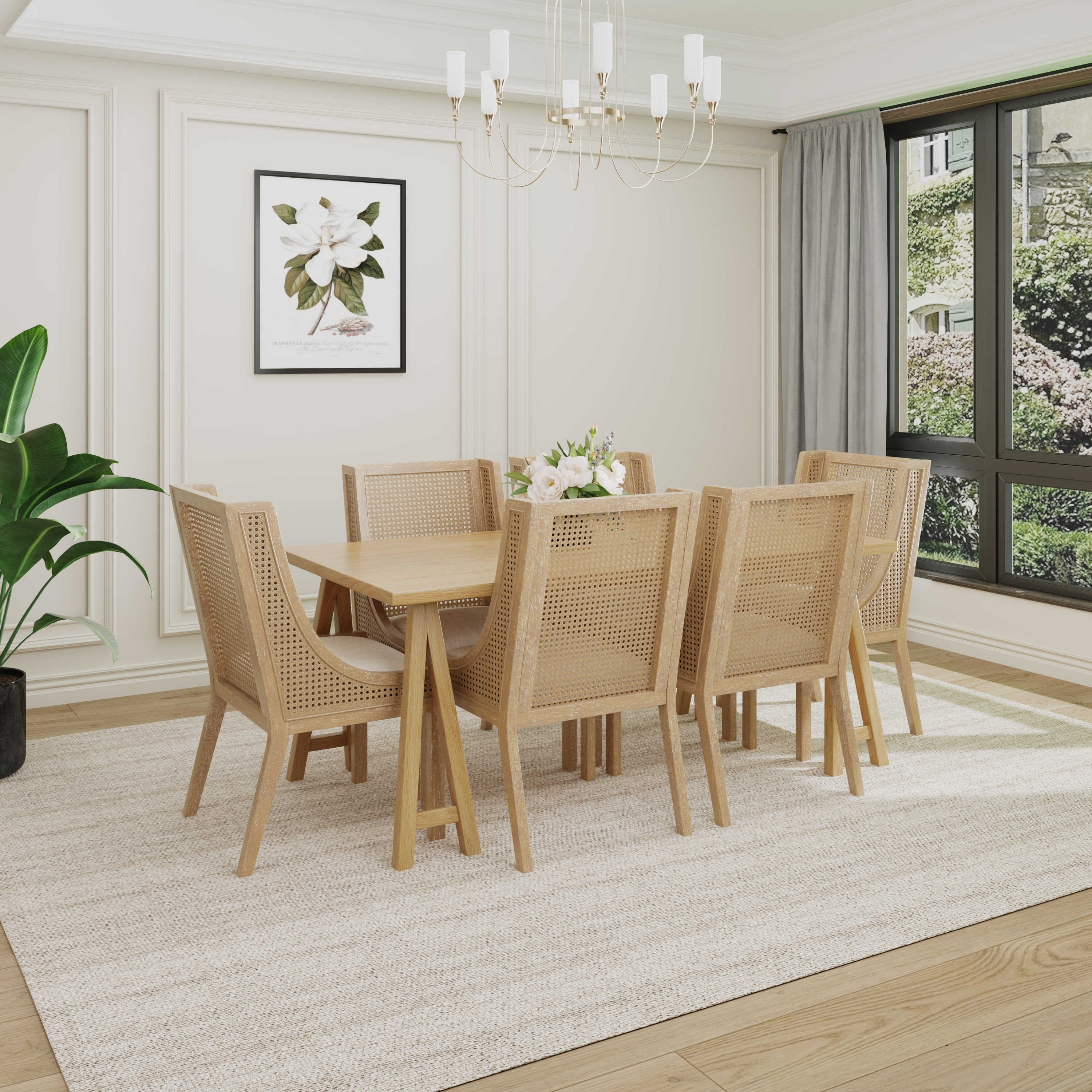 Sorenza 7pc Dining Set with Cane Rattan Dining Chairs and Rubberwood Table by Christopher Knight Home