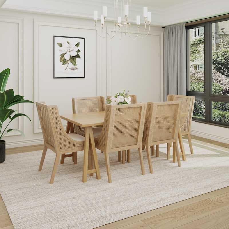 Sorenza 7pc Dining Set with Cane Rattan Dining Chairs and Rubberwood Table by Christopher Knight Home