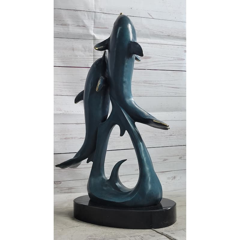 Hot Cast Bronze Leaping Imitative Dolphins Marine Life Sculpture Statue Decor Original Art