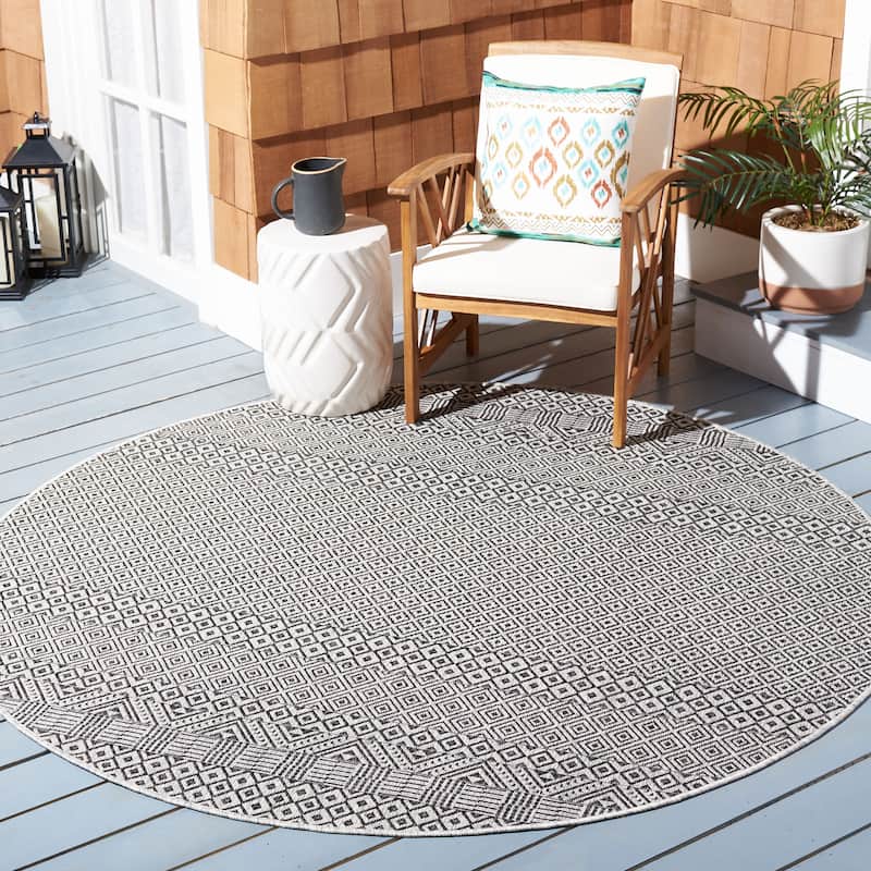 SAFAVIEH Courtyard Leonara Indoor/Outdoor Waterproof Patio Backyard Rug - 7'10" Round - Grey/Black