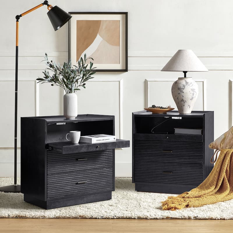Lorenz Mid-century Nightstand with USB and LED Light Set of 2 by HULALA HOME - Black