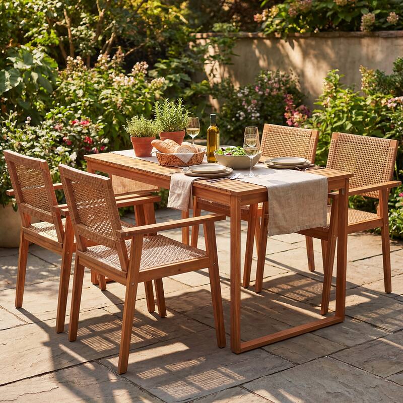 Gymax 5PCS Acacia Wood Dining Set Outdoor Table & Rattan Chairs for
