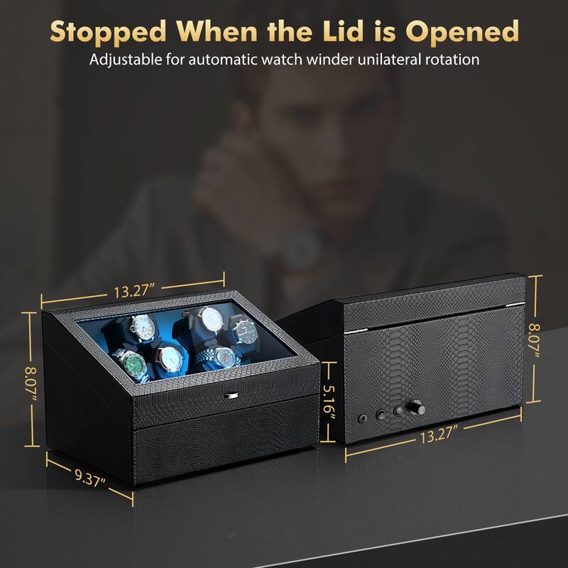 Luxury Watch Winder Box for 6 Watches with LED Lighting, Silent Motor, Memory Foam Cushions