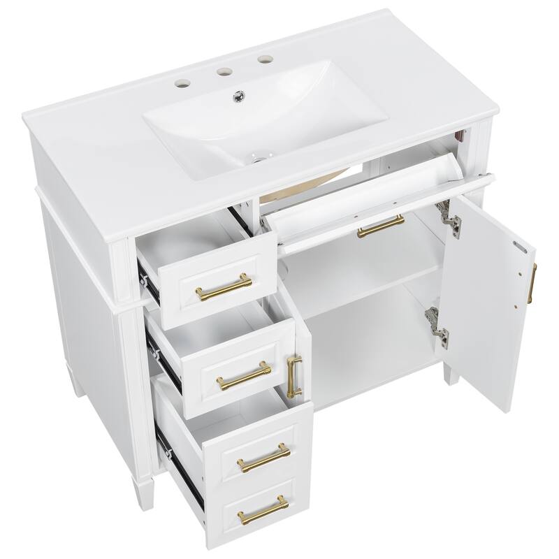 36 Inch Bathroom Vanity with Sink, White Single Sink Vanity with 4 Drawers (1 Flip Drawer), 2 Doors & Adjustable Shelf