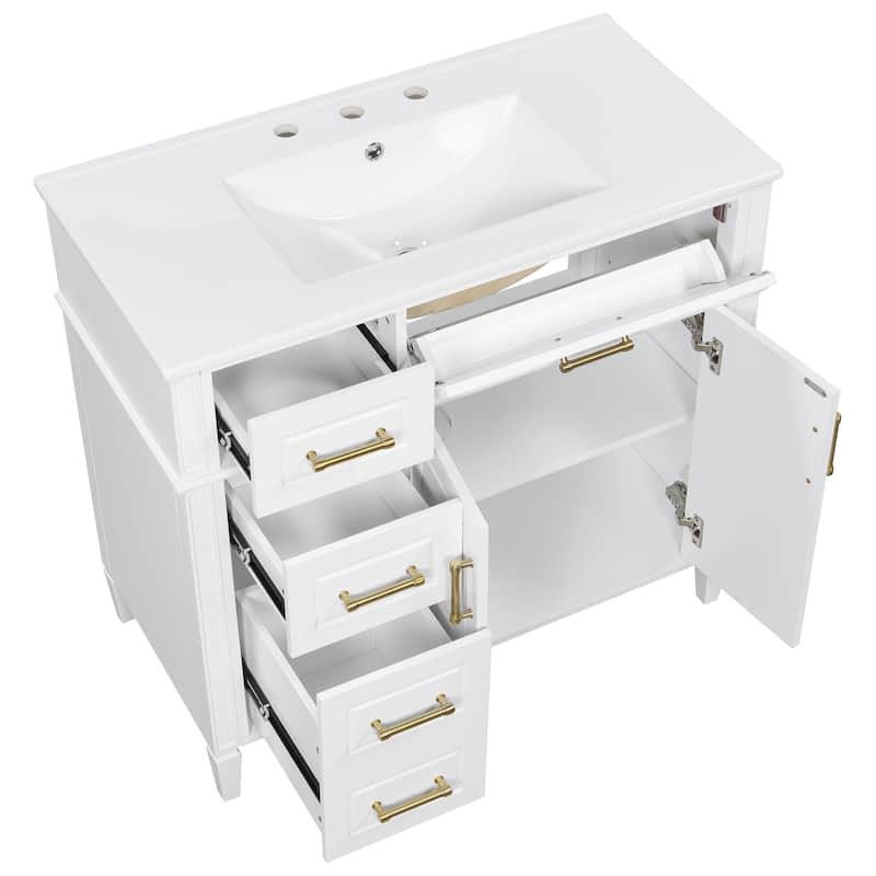 36 Inch Single Sink Bathroom Vanity Cabinet with 4 Drawers, Vanity Base & Ceramic Basin Set