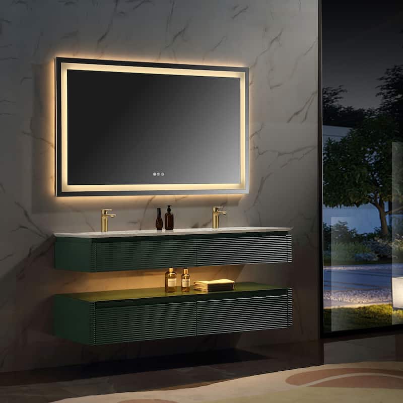 Modland 36/48 Inch LED Floating Vanity with Marble Top & Soft-Close Drawer - Green/White, Wall Drain Ready