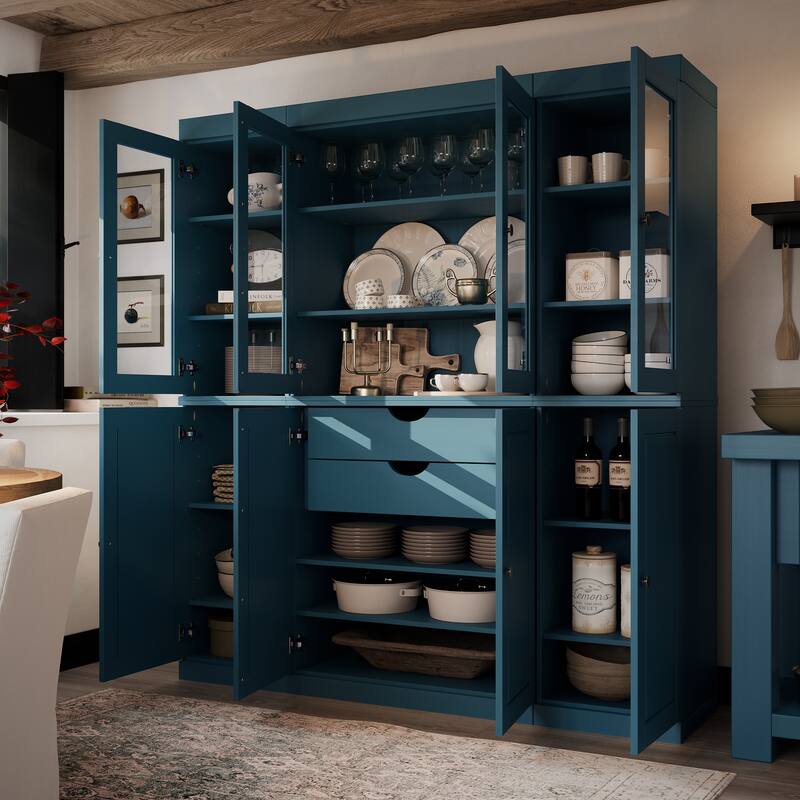 Palace Imports 100% Solid Wood Pantry China Cabinet, Raised Panel & Clear Glass Doors, 2 Drawers, 65" Wide, 71.5" Tall - Teal Blue