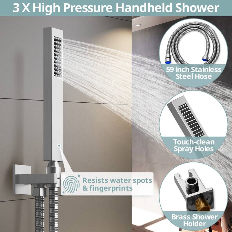 Dual Heads 12" Rainfall & High Pressure 6" Shower System w/ 3 Way Digital Display Faucet