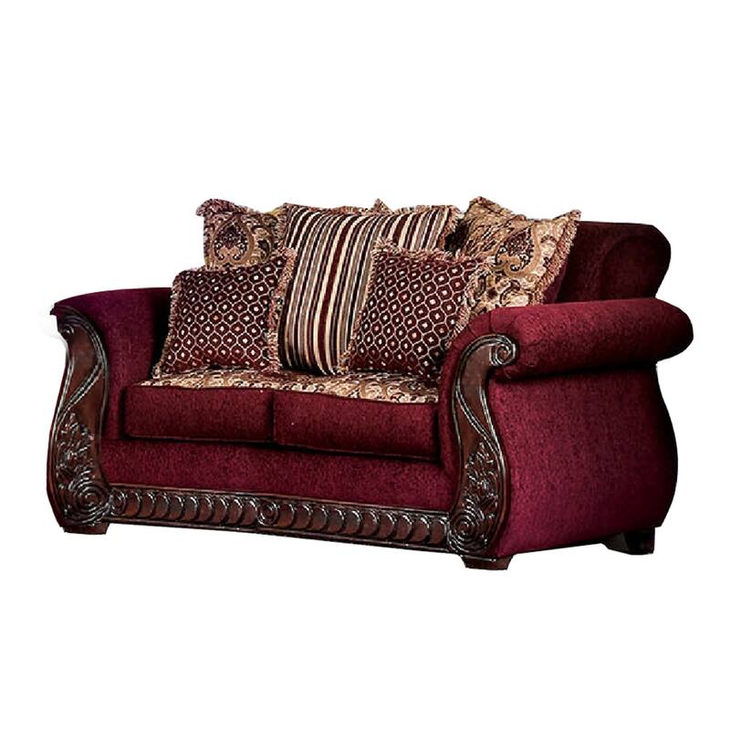 Nadira 2pc Sofa Loveseat Set, Wine Red Faux Leather, Gold, 5 Pillows