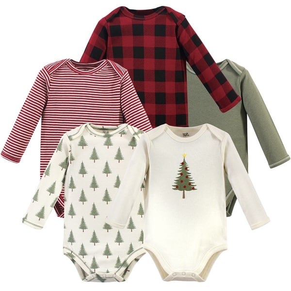slide 1 of 1, Touched by Nature Organic Cotton Long-Sleeve Bodysuits 5pk, Tree Plaid 0-3 Months - Tree Plaid