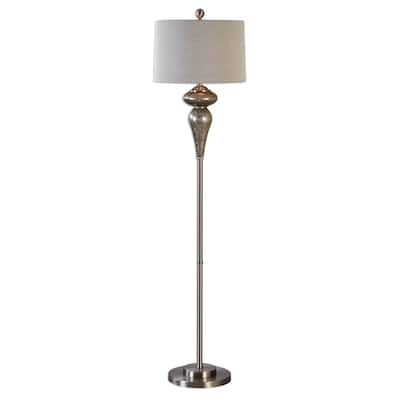Smoked Mercury Glass Floor Lamps with Beige Tapered Shade - 64" - Silver - Set of 2