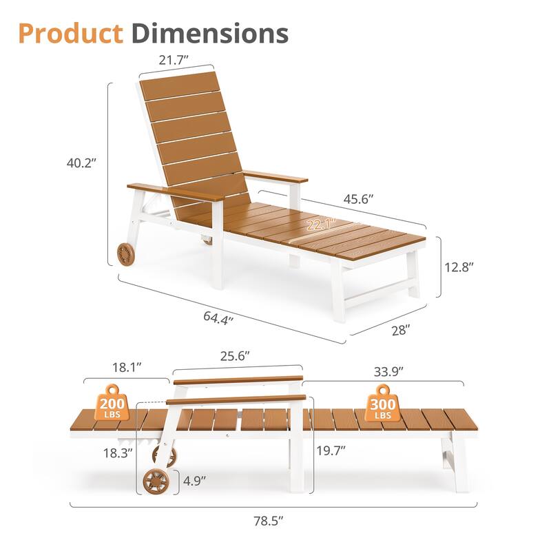 Patio HDPE Backrest Chaise Lounge Chair with Aluminum Frame, Adjustable Backrest and Wheels