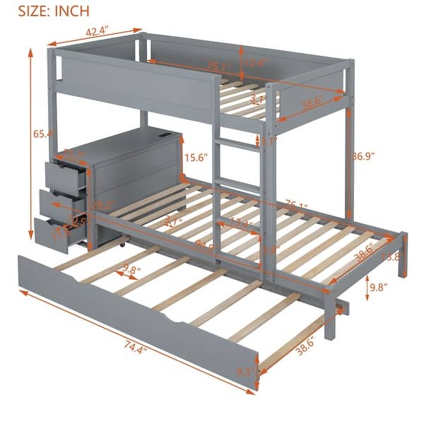 dimension image slide 2 of 3, Twin-Over-Twin Bunk Bed with Twin size Trundle, Storage and Desk,Multifunctional Bunk Bed With Storage