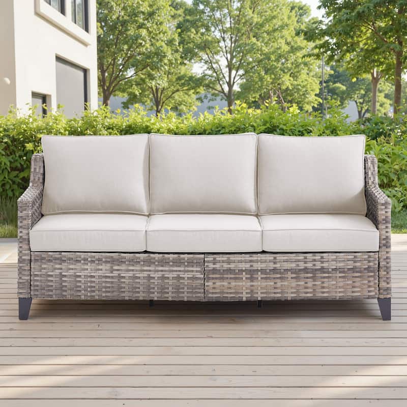 Glissia 3-Seat Handwoven Gray Wicker Patio Sofa with 4-Inch Thick Cushions