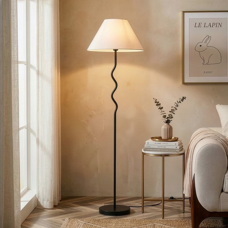 Brightech Squiggle Floor 62.13 in. Classic Black Contemporary Ambient Standing Column Floor Lamp with Ivory Fabric Empire Shade
