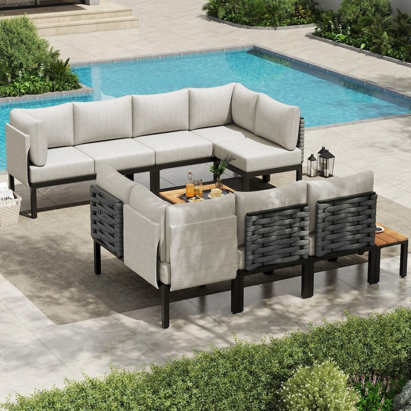Outdoor Patio Furniture Set, L-Shaped Sectional Sofa with 6" Thick Cushion & Coffee Table for Backyard, Porch - 12-Piece