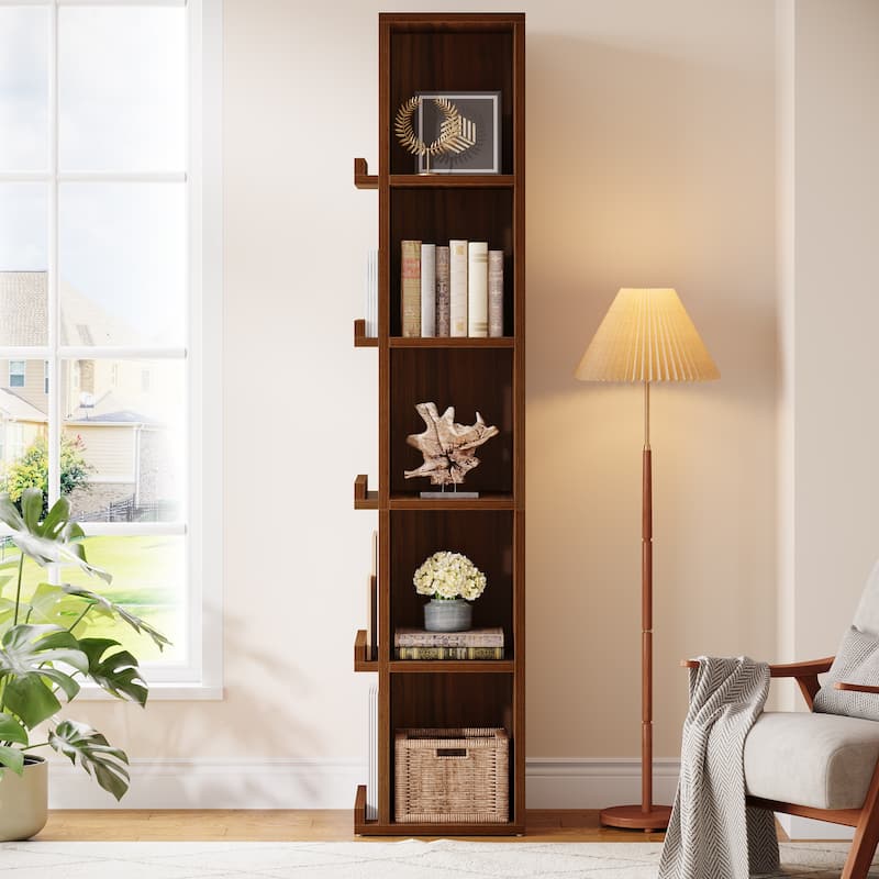 5-tier Tall Narrow Bookcase Cube Bookshelf with Side Storage - 11.8"D x 13.8"W x 70.9"H