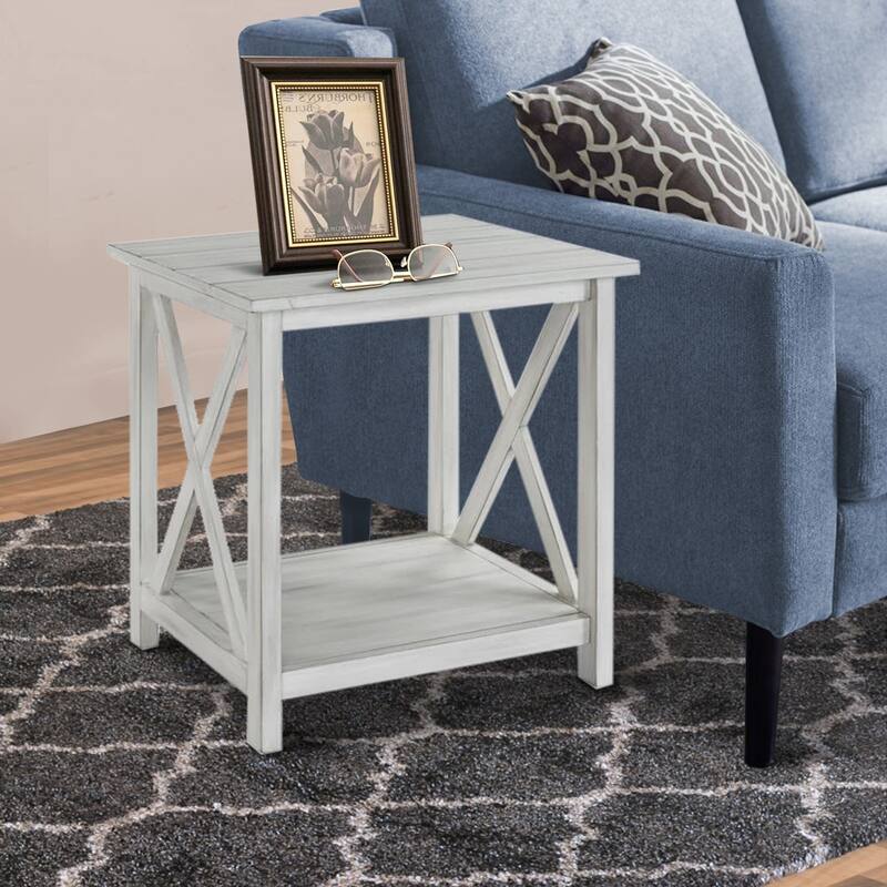 1 Open Shelf Wooden End Table with X Shaped Accents, White